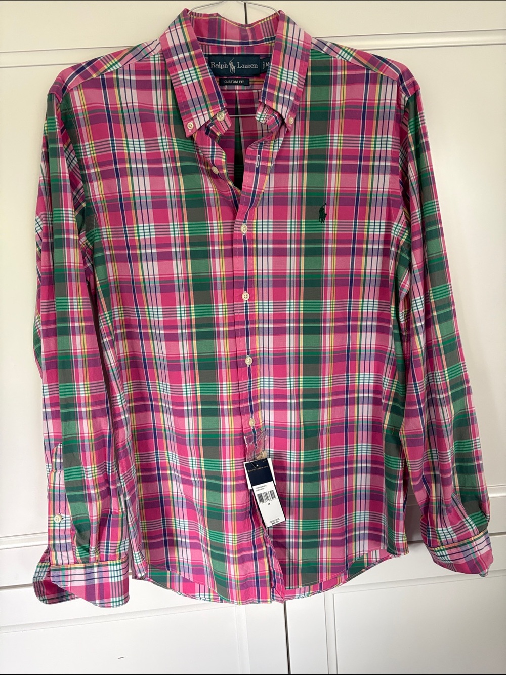 RALPH LAUREN Custom Fit Men’s Medium Pink & Green Plaid Button-Down Shirt